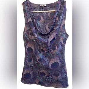 Vintage Y2K Pō Cowl Neck Peacock Print Purple and Blue Blouse